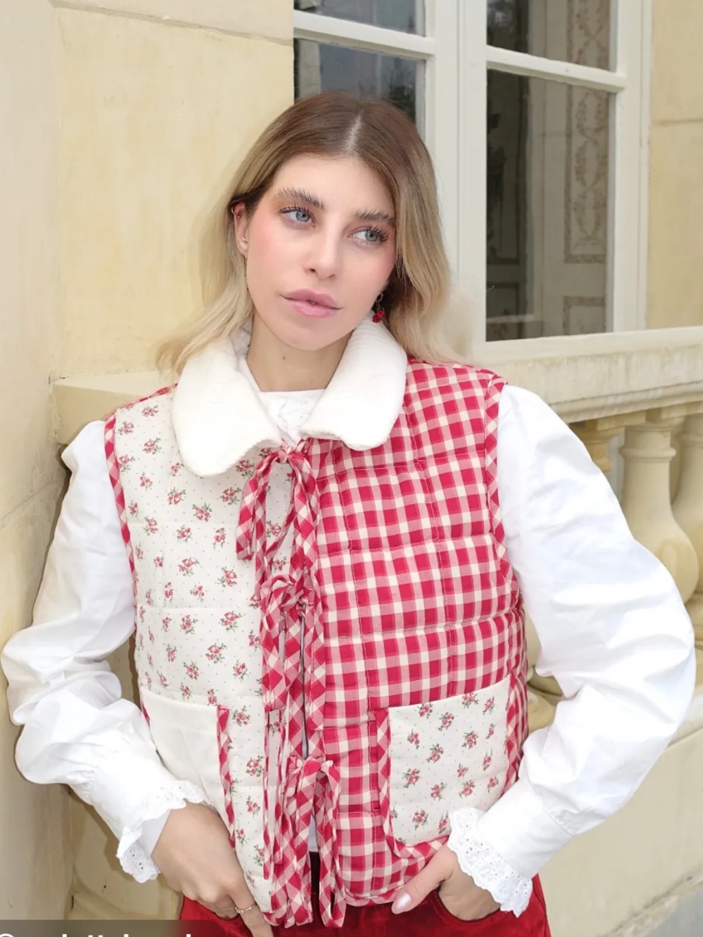 Nwt Cider Oversized Contrast Check Tie Front Bow Vest — image 2 of 8